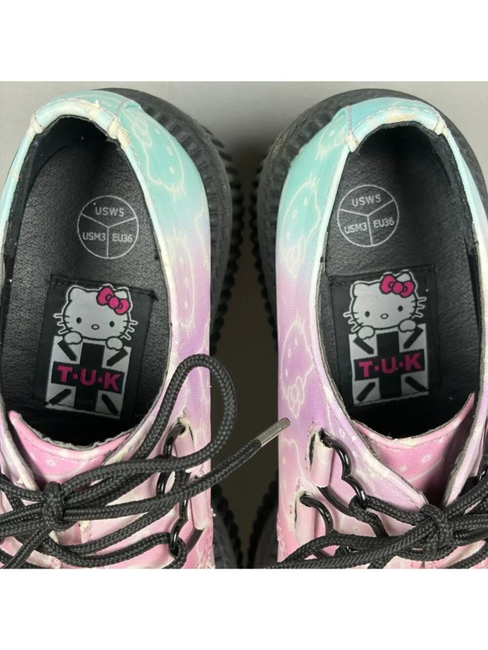 T.U.K. Hello Kitty Platform Creeper Womens 5 Blue Pink All Over Print Shoes